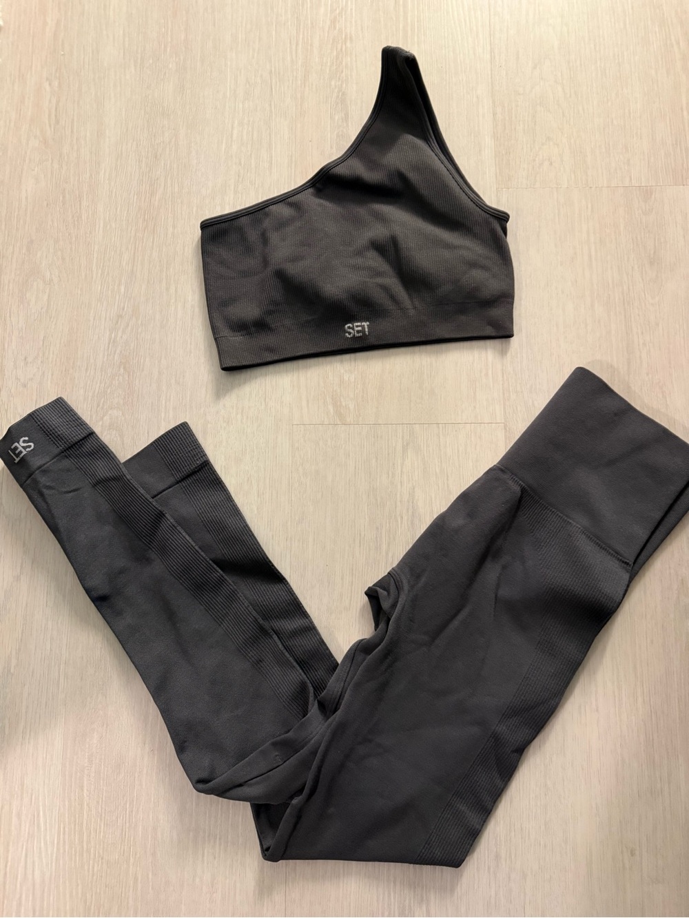 SET Active Asymmetric One-Shoulder Sports Bra & High-Waist Leggings in Charcoal